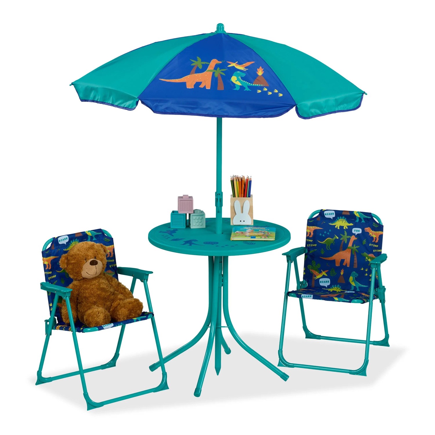 Relaxdays Kindersitzgruppe Eisen Kunststoff Polyester mit Schirm Dino 53 cm x 36 cm x 37,5 cm