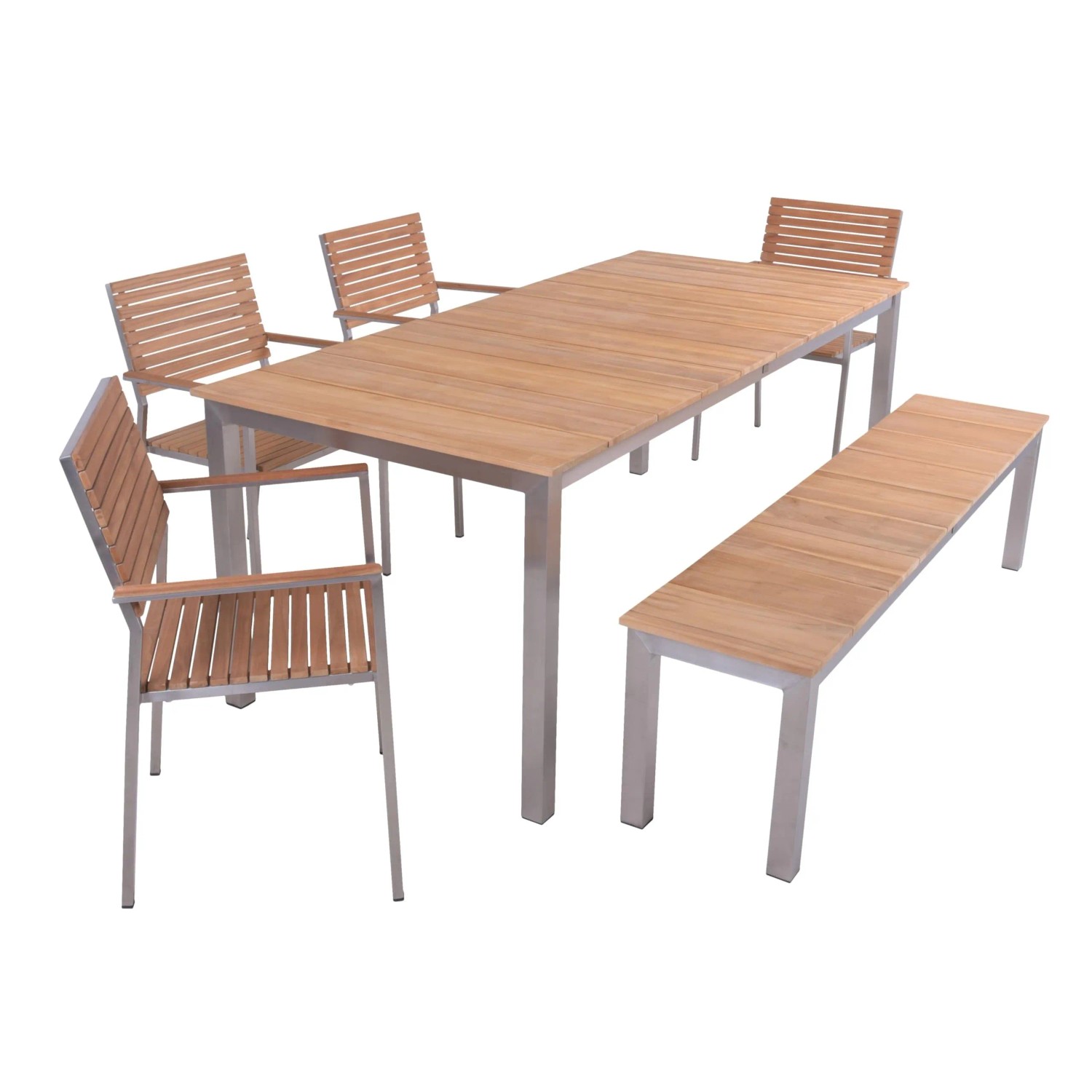 DELUKE Garten-Sitzgruppe STINA 6-tlg. Teak HellBraun Bank Ohne Lehne Gartenmöbel-Set Gartengarnitur Garten-Essgruppe