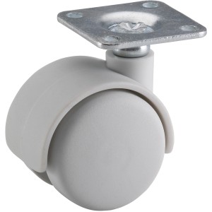 Graue Parkett-Doppelrolle mit Platte, Ø 40mm, Traglast 30kg. Möbelrolle für empfindliche Böden.