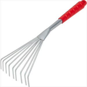 Handfächerbesen 42,5 cm mit Stahlzinken und rotem Kunststoffgriff für Gartenarbeiten.
