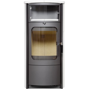 Hark Kaminofen Opera-B, schwarz/cremeweiß, 7 kW, mit Teefach und Automatik für optimale Verbrennung.