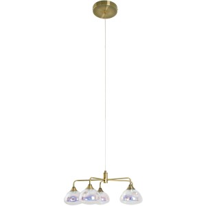 Näve LED-Pendelleuchte Varna, 5-flammig, messingfarben mit irisierenden Gläsern.