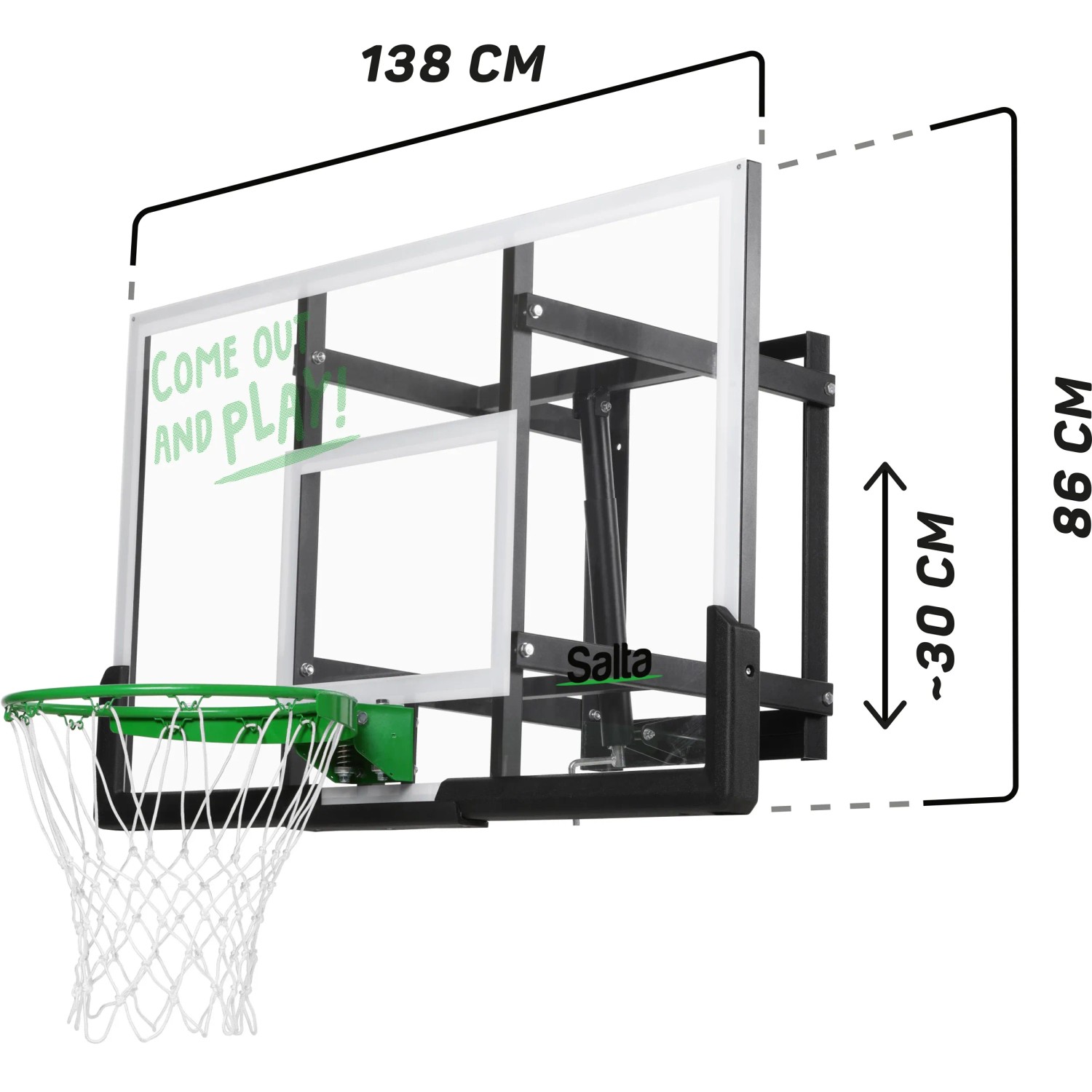 Salta Basketballbrett Guard, 138x86 cm, schwarz, mit Polycarbonat-Rückwand und Stahlrahmen.
