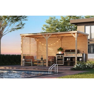 Karibu Pavillon Cannes Outdoorkitchen XXL mit Grill, Sitzgruppe und Pool im Garten.