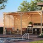 Karibu Pavillon Cannes Outdoorkitchen XXL mit Grill, Sitzgruppe und Pool im Garten.