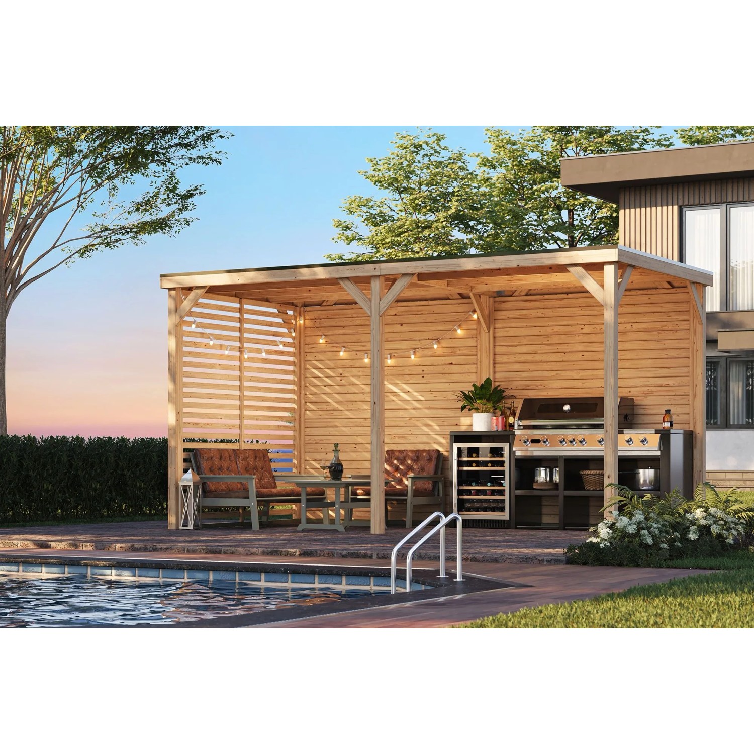 Karibu Pavillon Cannes Outdoorkitchen XXL m. Rück- u. Lamellenwand 453cm x 231cm