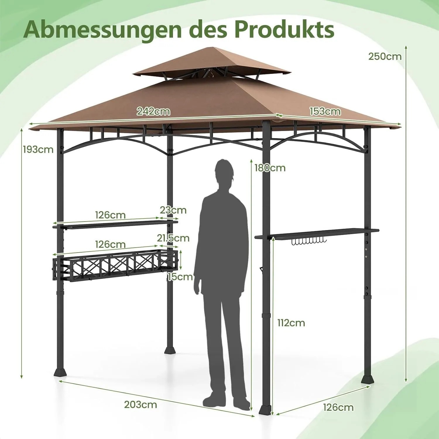 Costway Grillpavillon mit Doppeldach Seitenregalen Flaschenöffner Braun_3
