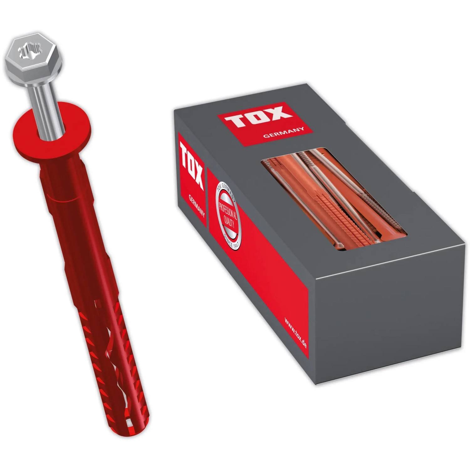 Tox Rahmendübel Fassad XL 14x240, roter Dübel mit Schraube und grauer Verpackung.