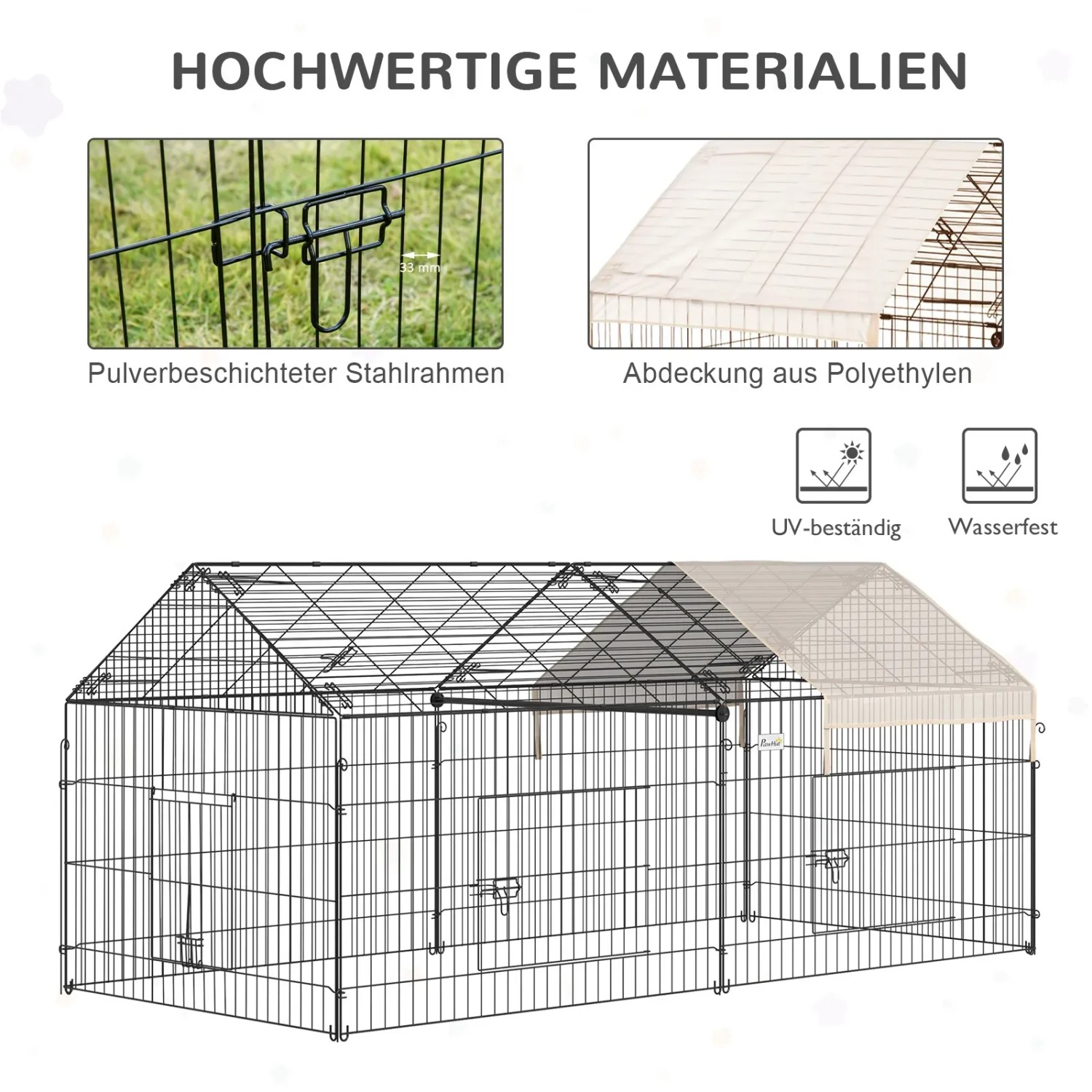 PawHut Freigehege Laufgitter mit Abdeckung für Kleintiere, pulverbeschichteter Stahlrahmen.