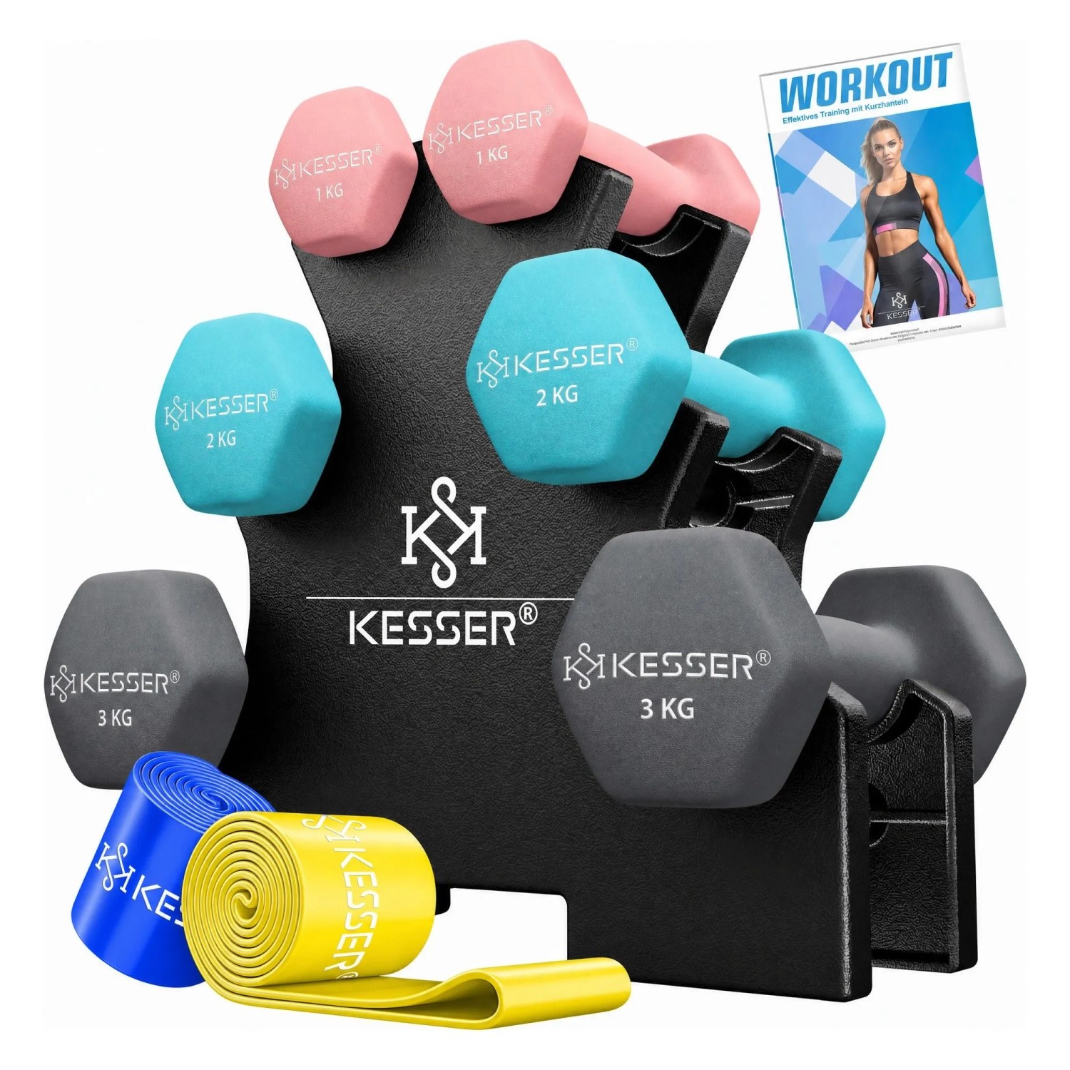 KESSER Hantelset 12 kg 2 x 1 kg 2 kg 3 kg Rosa Hellblau Anthrazit 3 Paar