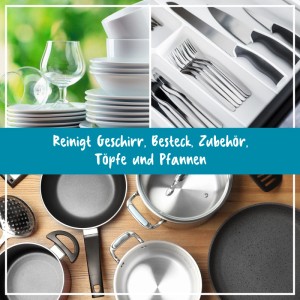 Glänzendes Geschirr, Besteck, Töpfe und Pfannen. Poliboy Spülmittel Lemon für mühelose Reinigung von Küchenutensilien.