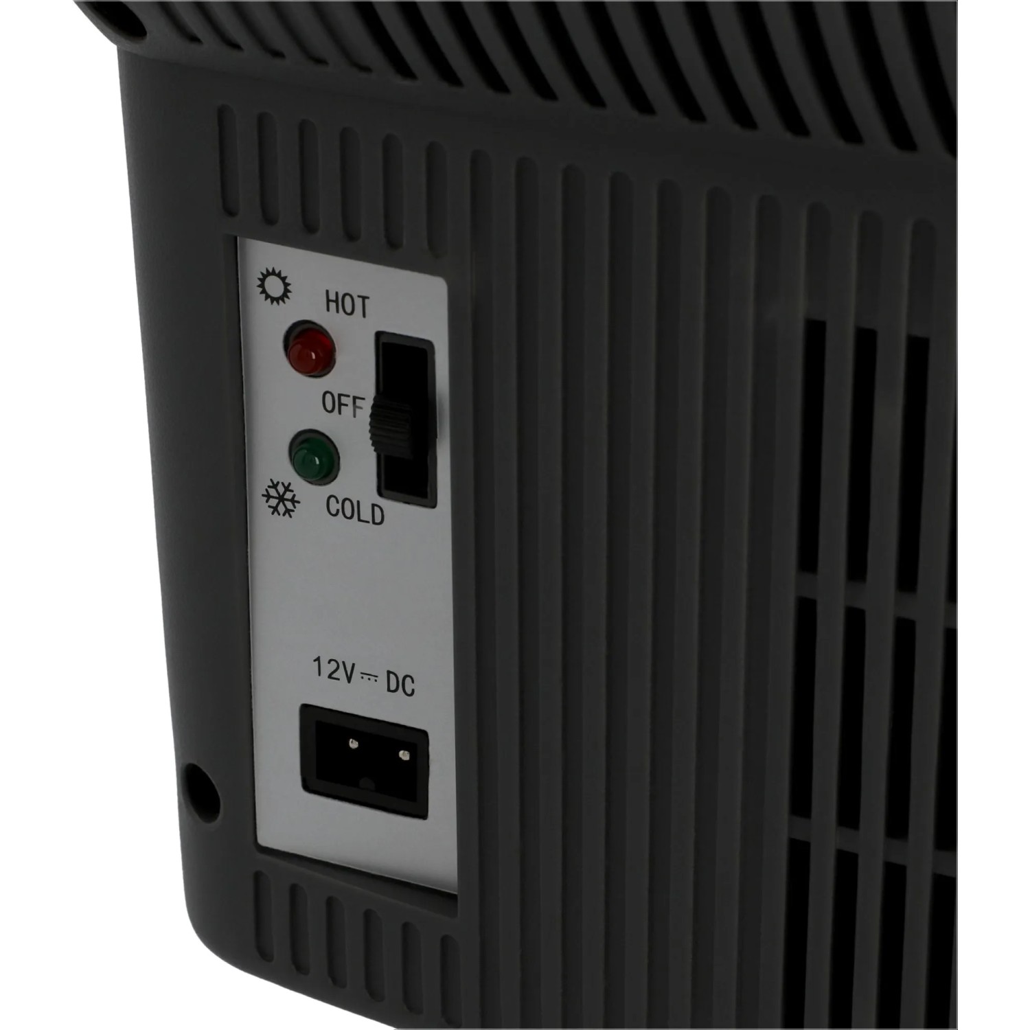 Detailaufnahme der AEG Bord-Bar BK 16: Schalter für Kühl- und Warmhaltefunktion, 12V-Anschluss.