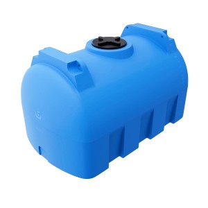 Blauer KMND 2000L Horizontal Trinkwasser Wassertank aus Polyethylen mit schwarzem Deckel.