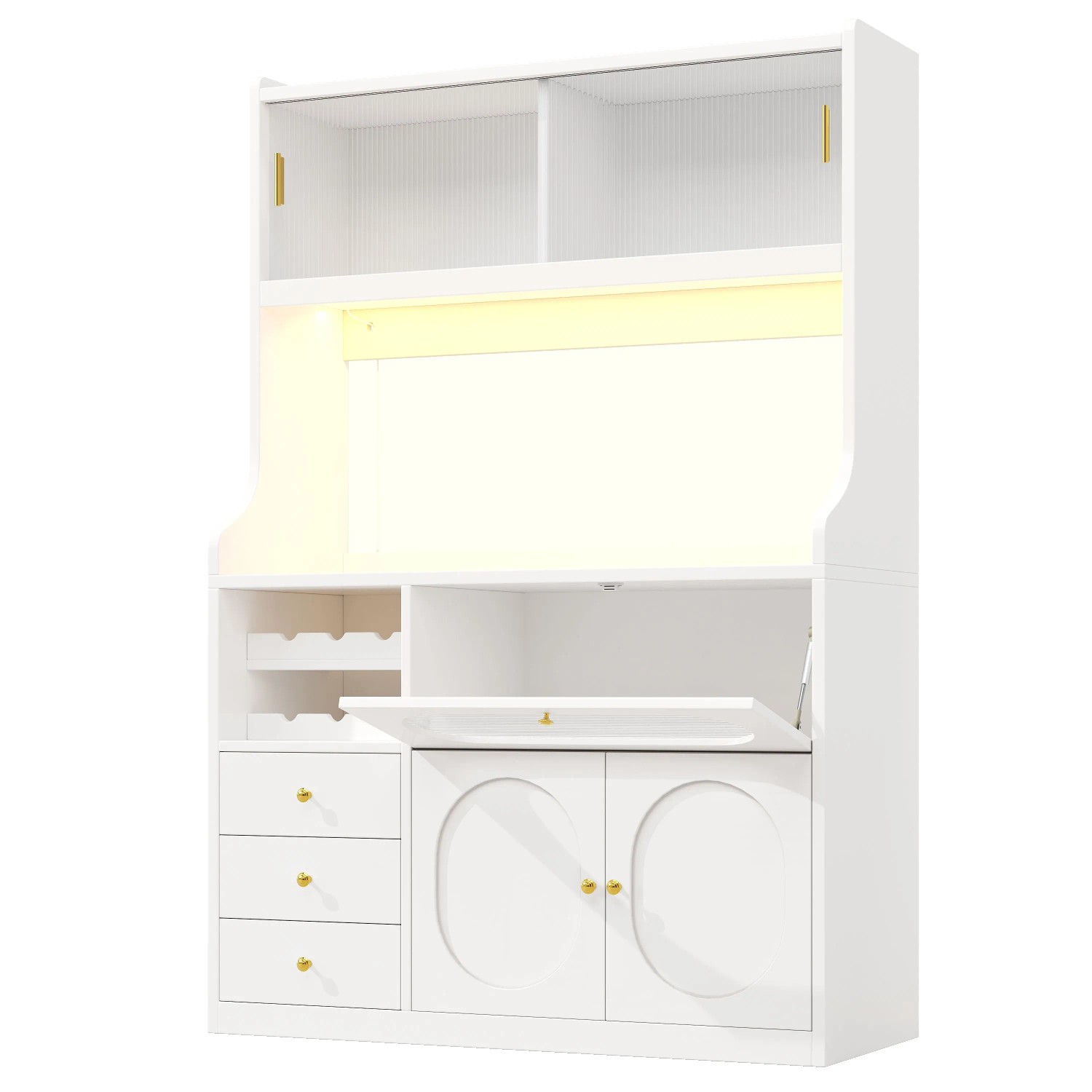 Merax Hochküchenschrank 120cm  RGB-LED  Glasschiebetüren  Weinregal  Klapptüren  3 Schubladen