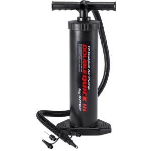 Intex Hochleistungshandluftpumpe (48 cm) in Schwarz mit Schlauch und Düsenaufsätzen.