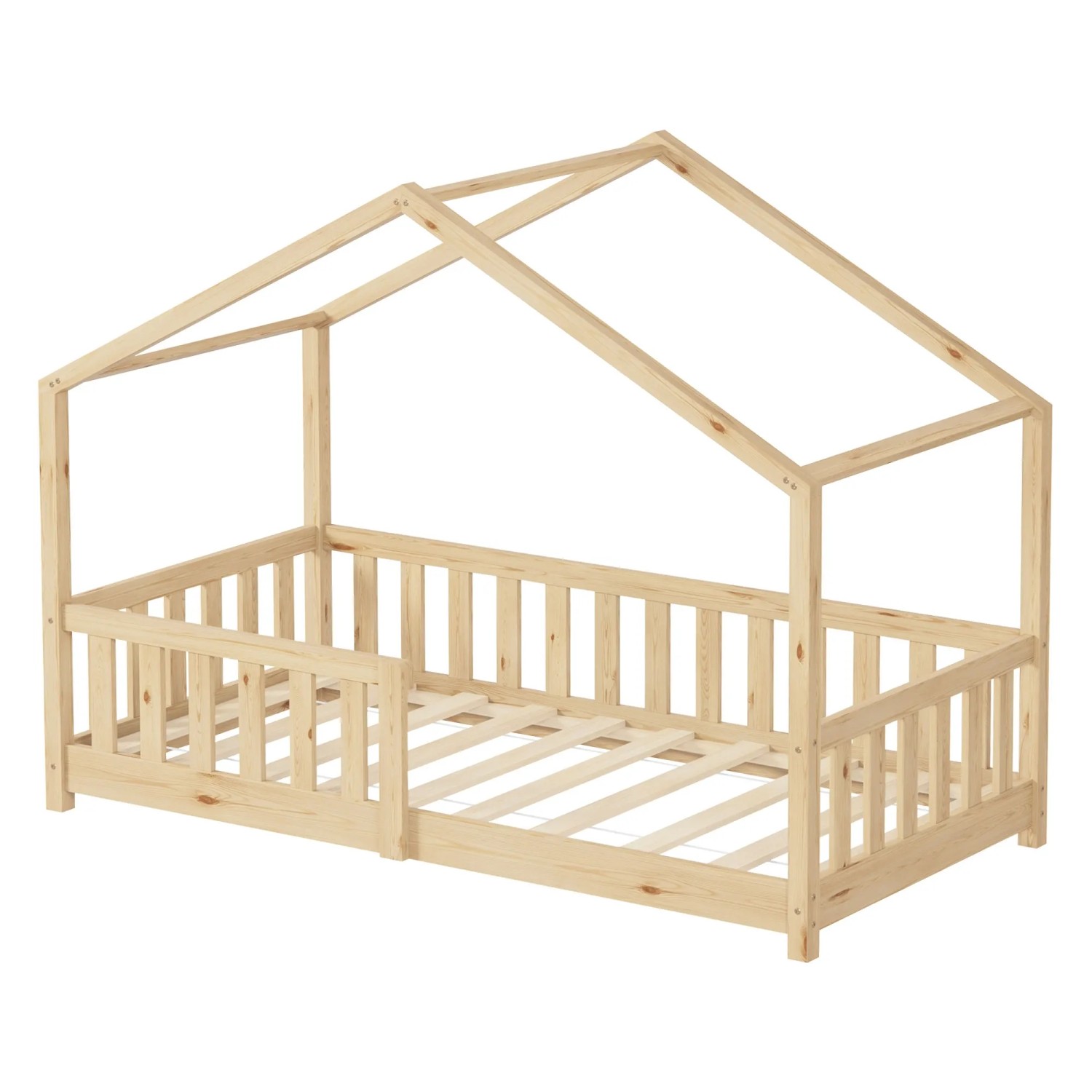 ML-Design Hausbett 80x160 cm, Naturholz, mit Rausfallschutz. Kinderbett im Haus-Design.