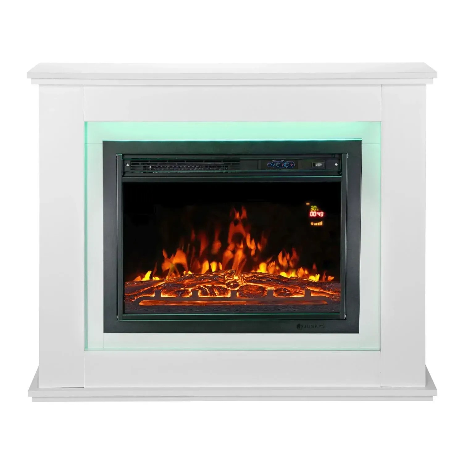 Weißer Juskys Elektrokamin mit Heizung und Flammeneffekt, rechteckig.