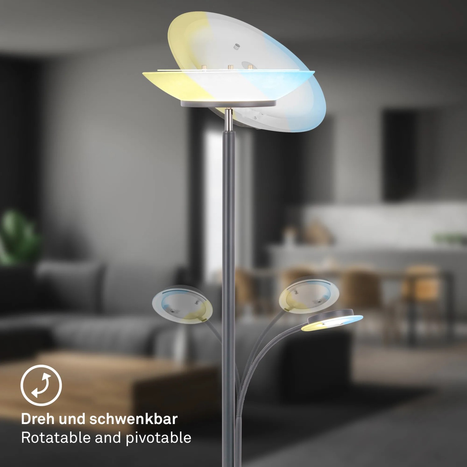 Dimmbare, schwenkbare Brilo Stehleuchte Plava in Anthrazit mit Haupt- und Leselampe.