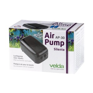 Velda Silenta AP-30 Luftpumpe für Teiche. Schwarze, kompakte Teichbelüftung auf Produktverpackung.