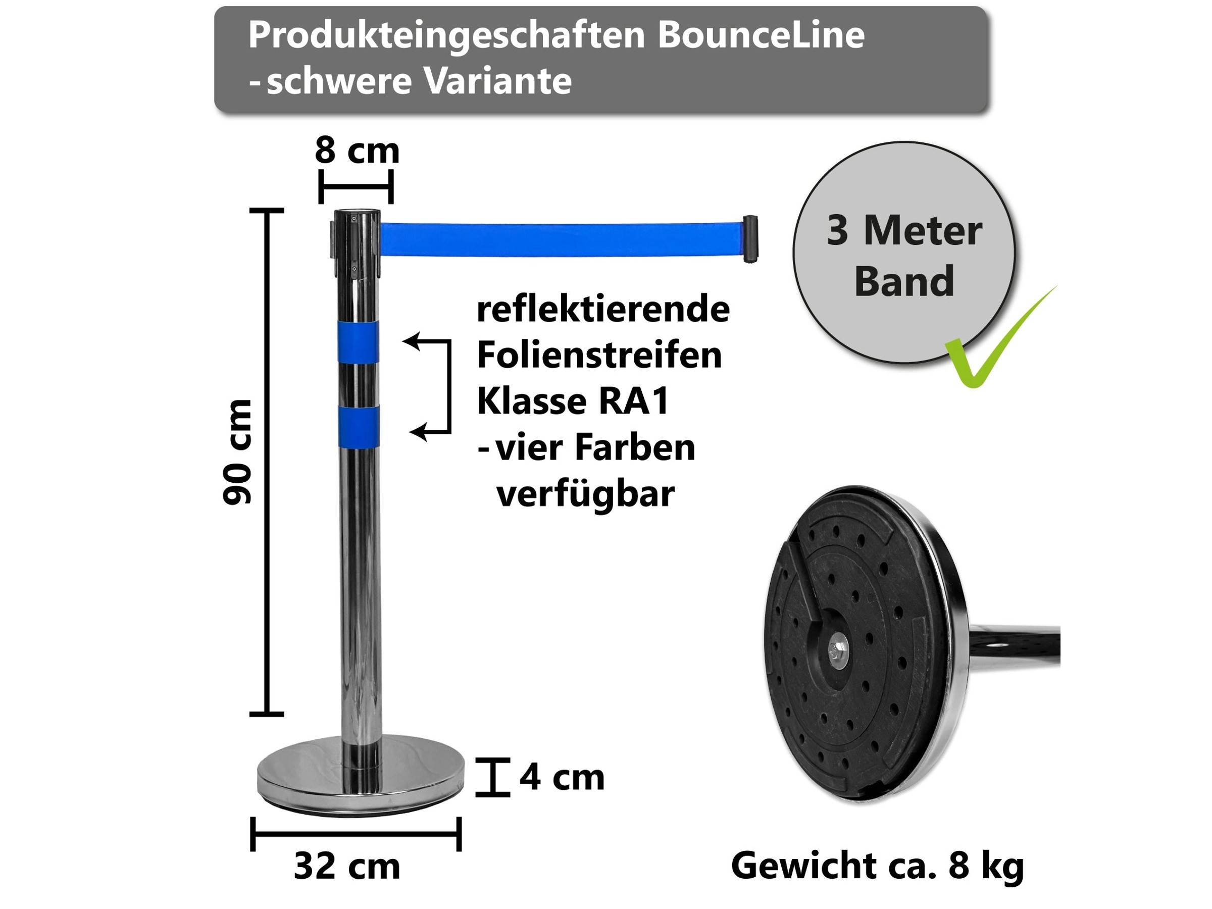 BURI Absperrpfosten 12er Set Edelstahl - Mit Rotem Sperrgurt 2m