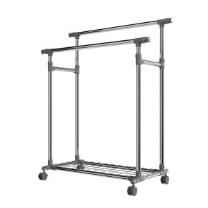 Silberner Juskys Kleiderständer mit 2 Stangen, Ablage und Rollen für Garderobe und Schlafzimmer.