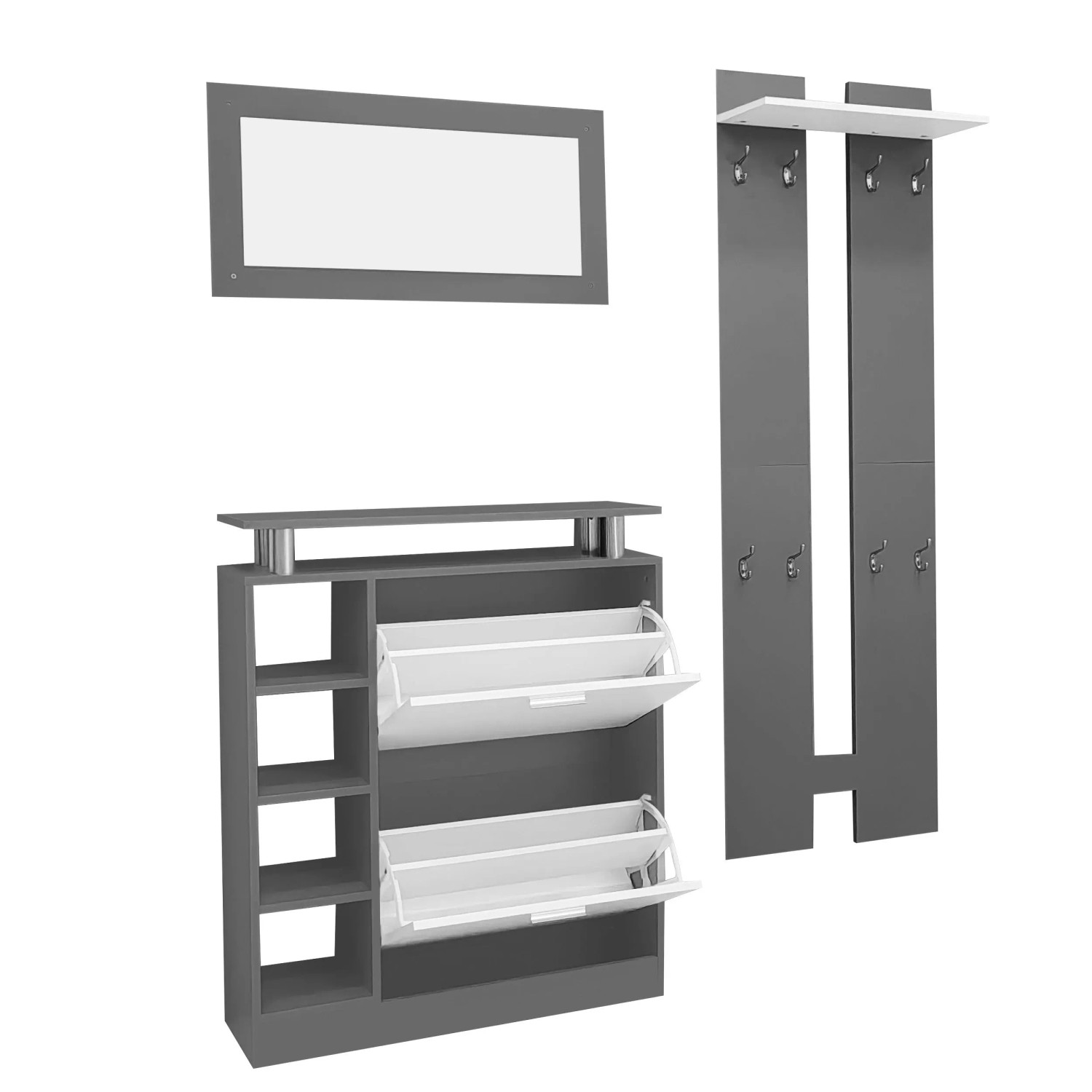 ModernLuxe Wandgarderobe mit Spiegel 2 Wandpaneelen Schuhschrank Spanplatte Anthrazit