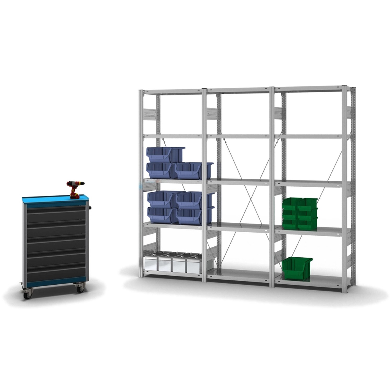 Verzinktes PROREGAL Fachbodenregal Stecksystem mit 5 Ebenen, beladen mit Boxen und Werkzeugwagen.