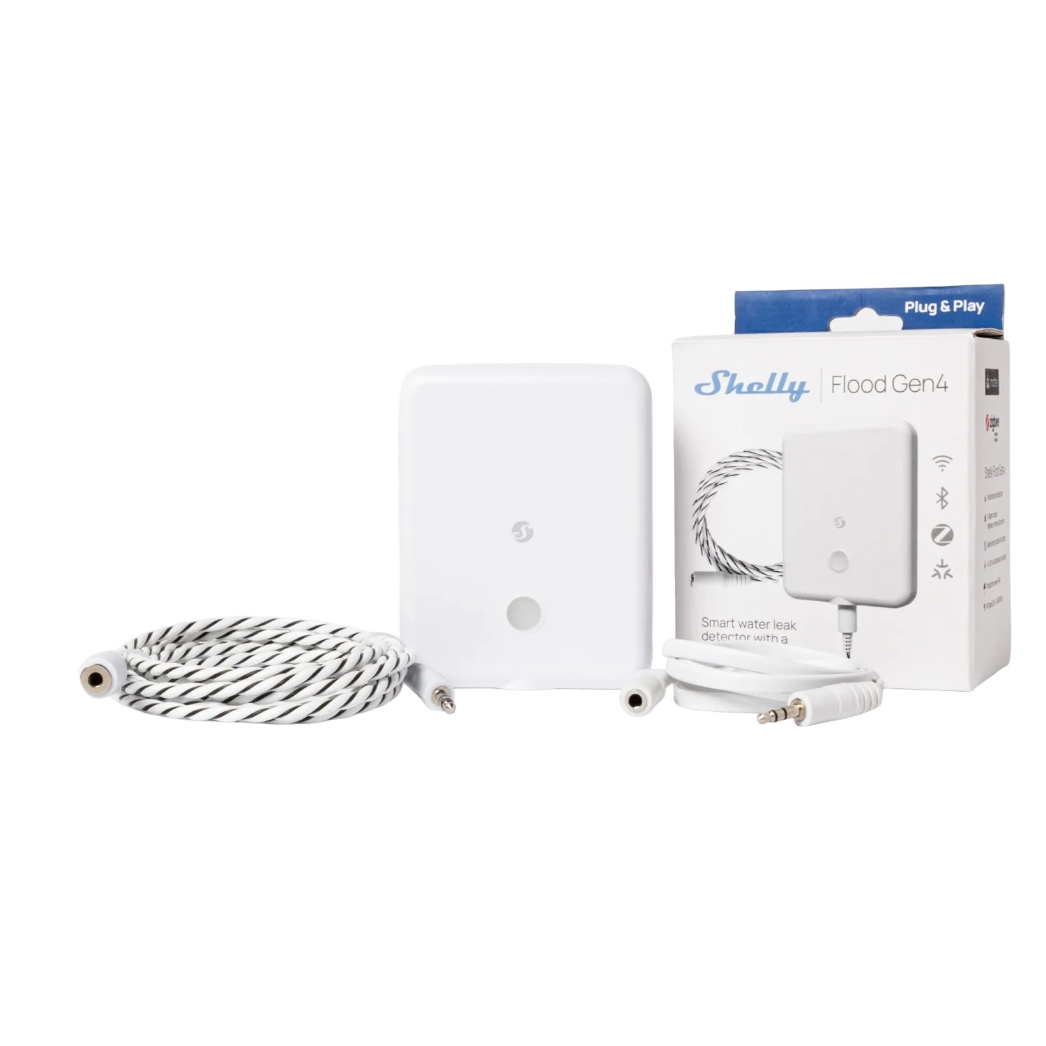Shelly Wassersensor Flood Gen4 Weiß mit Kabel und Verpackung. Smart Home Hausautomation.