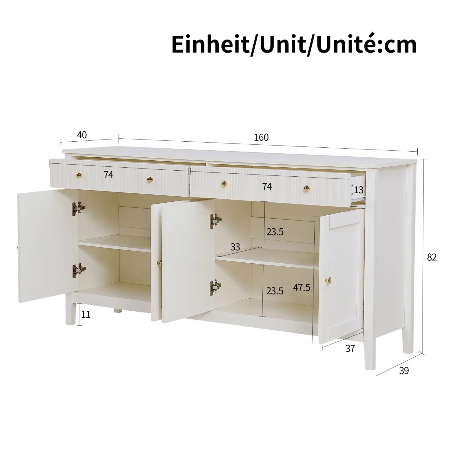 Weißes Merax Sideboard mit 4 offenen Türen, 2 offenen Schubladen, Goldgriffen. Zeigt Innenfächer und Maße für Stauraum.