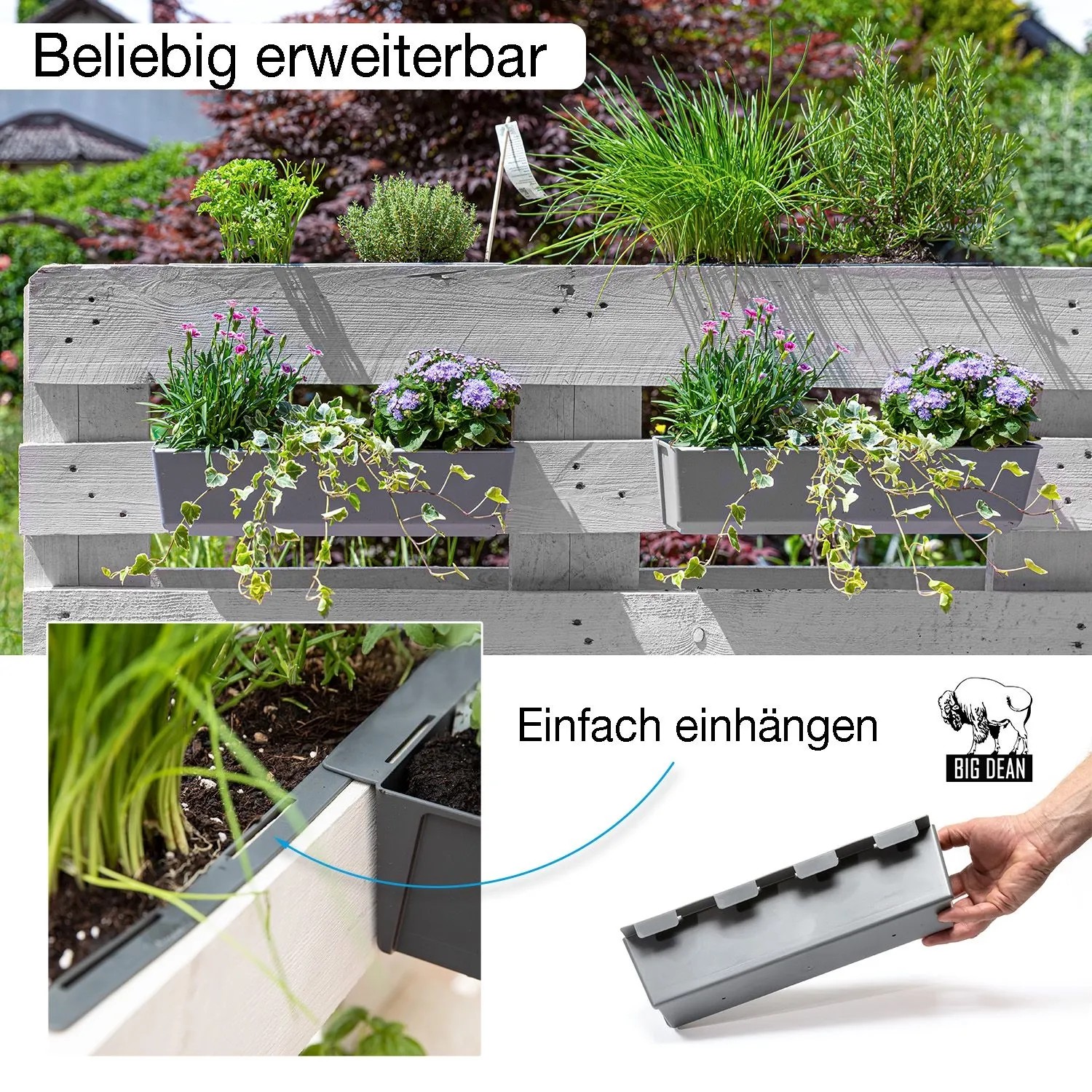 Graue Paletten Blumenkästen mit Hängesystem, bepflanzt mit Blumen und Kräutern, an einer Europalette. Einfach einzuhängen.