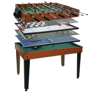 MCW 7in1 Multiplayer Spieletisch in Explosionsansicht: Tischkicker, Billard, Hockey, Tischtennis, Schach. Stabiler MDF-Korpus.