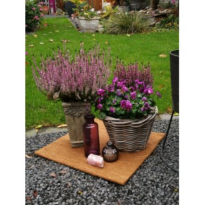 Kokosmatte 50x50 cm als Topfuntersetzer und Baumschutz im Garten.