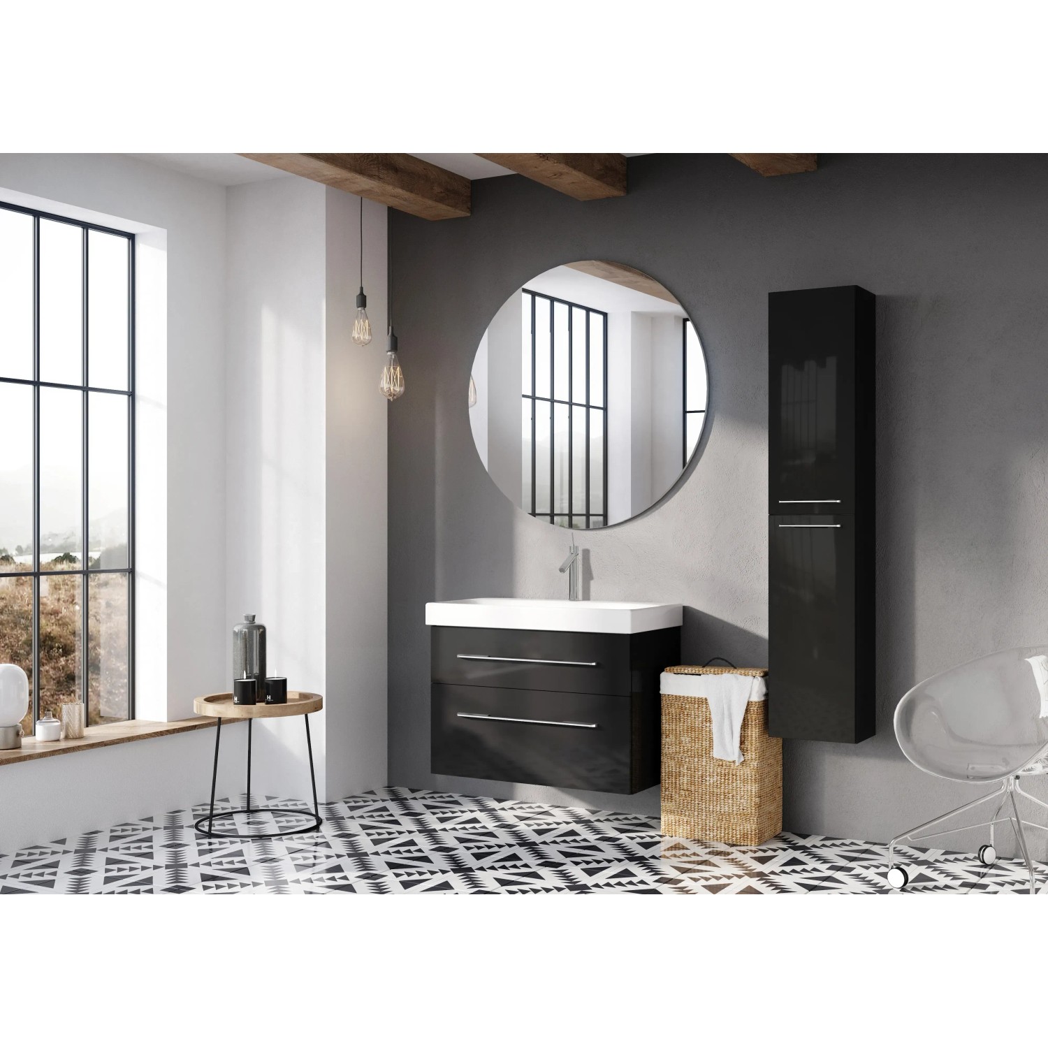 Modernes Badezimmer mit schwarzem Waschbeckenunterschrank Madrid (80 cm) und passendem Spiegelschrank.