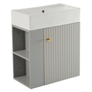 Graues, hängendes Badmöbel Set 55cm mit Waschbecken für Gäste-WC. Moderner Waschtischunterschrank mit Stauraum.