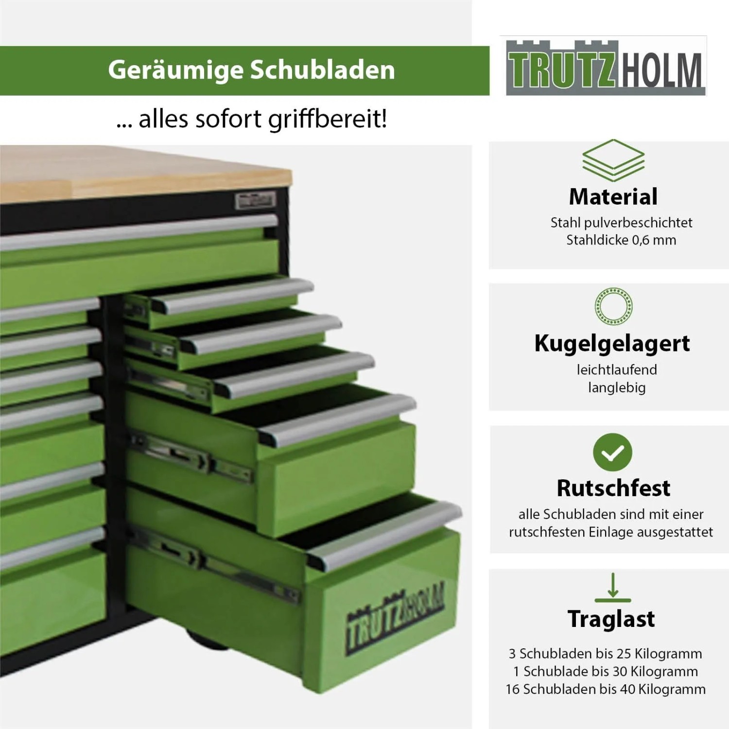 Grüner TRUTZHOLM Werkstattwagen mit geöffneten kugelgelagerten Schubladen und robuster Hartholz-Arbeitsplatte. XXL Werkzeugwagen aus Stahl.