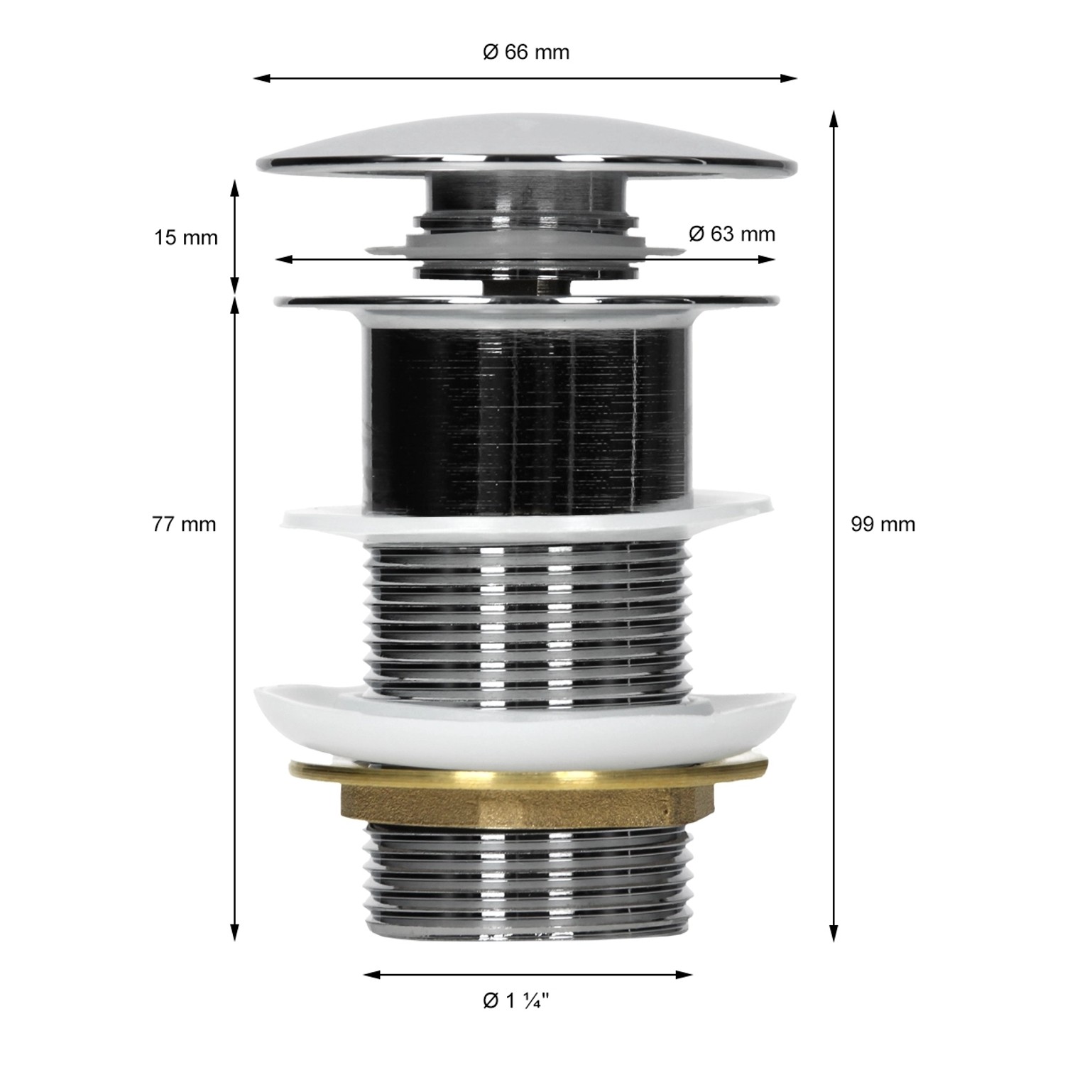 Detailaufnahme Ablaufgarnitur für ECD Germany Handwaschbecken, ohne Überlauf, mit Maßangaben.