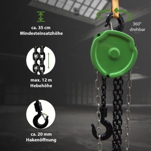 TRUTZHOLM Kettenzug, 1000kg Tragkraft, 12m Hubhöhe, Doppelbremse, grüne Gehäuseabdeckung.