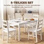 Weiße 5-teilige HOMCOM Essgruppe aus Kiefernholz mit rechteckigem Tisch und 4 Stühlen, gedeckt im Esszimmer.