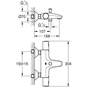 Technische Zeichnung der Grohe QuickFix Thermostat-Wannenarmatur Precision Start Chrom mit Maßangaben.