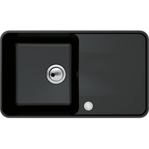 Schwarze Miló Einbauspüle Piu 78 aus Granitverbundstoff mit Abtropffläche und Ab- und Überlaufgarnitur.