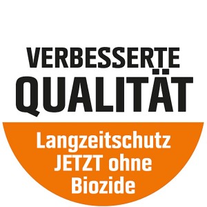 Logo: Verbesserte Qualität, Langzeitschutz, jetzt ohne Biozide für OBI Fassadenschutz Plus.