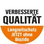 Logo: Verbesserte Qualität, Langzeitschutz, jetzt ohne Biozide für OBI Fassadenschutz Plus.
