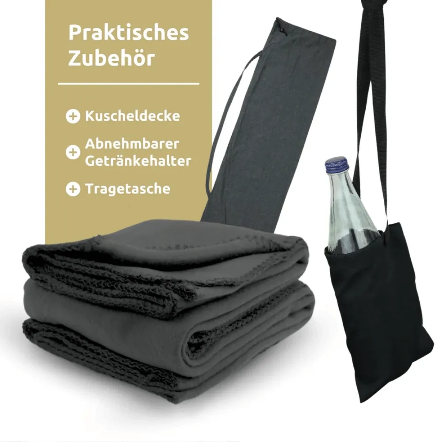 Anthrazitfarbene Kuscheldecke, Getränkehalter und Tragetasche als Zubehör für Hängesessel.