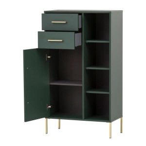 Schildmeyer Highboard Kent in Waldgrün mit goldfarbenen Details, 117cm hoch, mit Tür, Schubladen und offenen Fächern.
