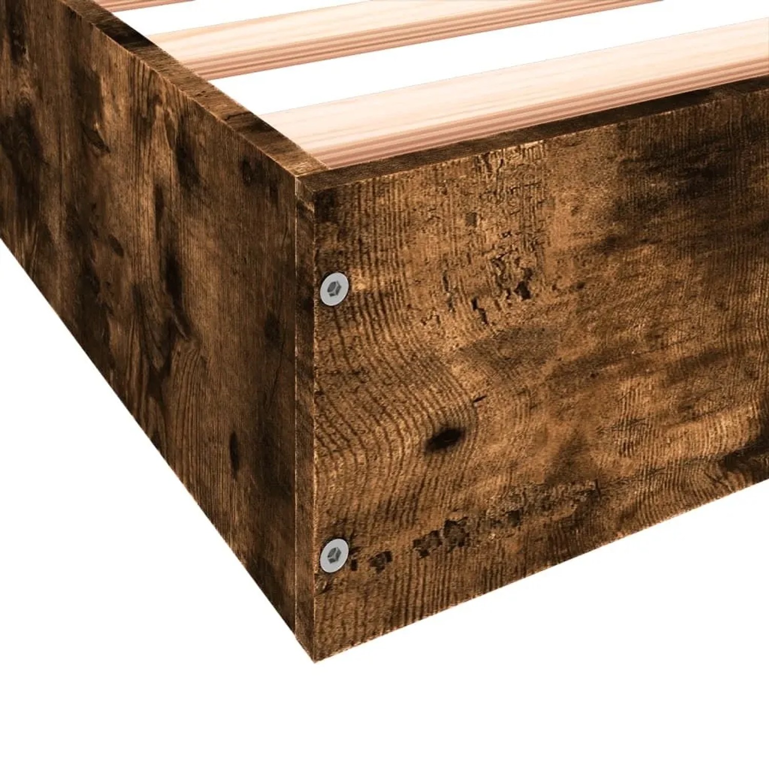 Dunkelbraunes vidaXL Bettgestell aus Holzwerkstoff in Räuchereiche, Detailansicht der Ecke mit Holzmaserung und Latten.
