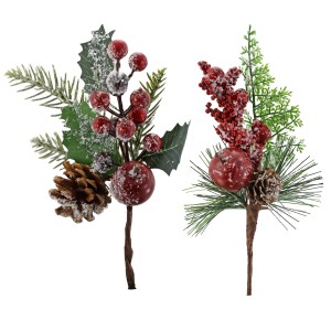 Dekorative, geeiste Weihnachtszweige in Grün und Rot mit Beeren und Zapfen, 22 cm.