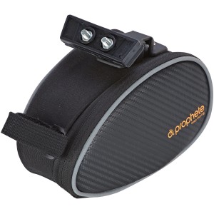 Schwarze Prophete Fahrrad-Satteltasche aus wasserabweisendem Material mit Reflektoren.