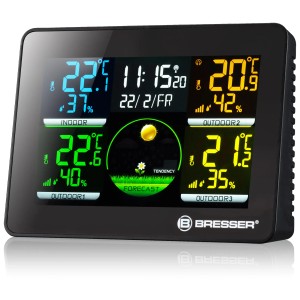 Bresser Thermo-Hygrometer Quadro NLX mit 3 Sensoren zeigt Innen-/Außentemperatur und Wettertrend.