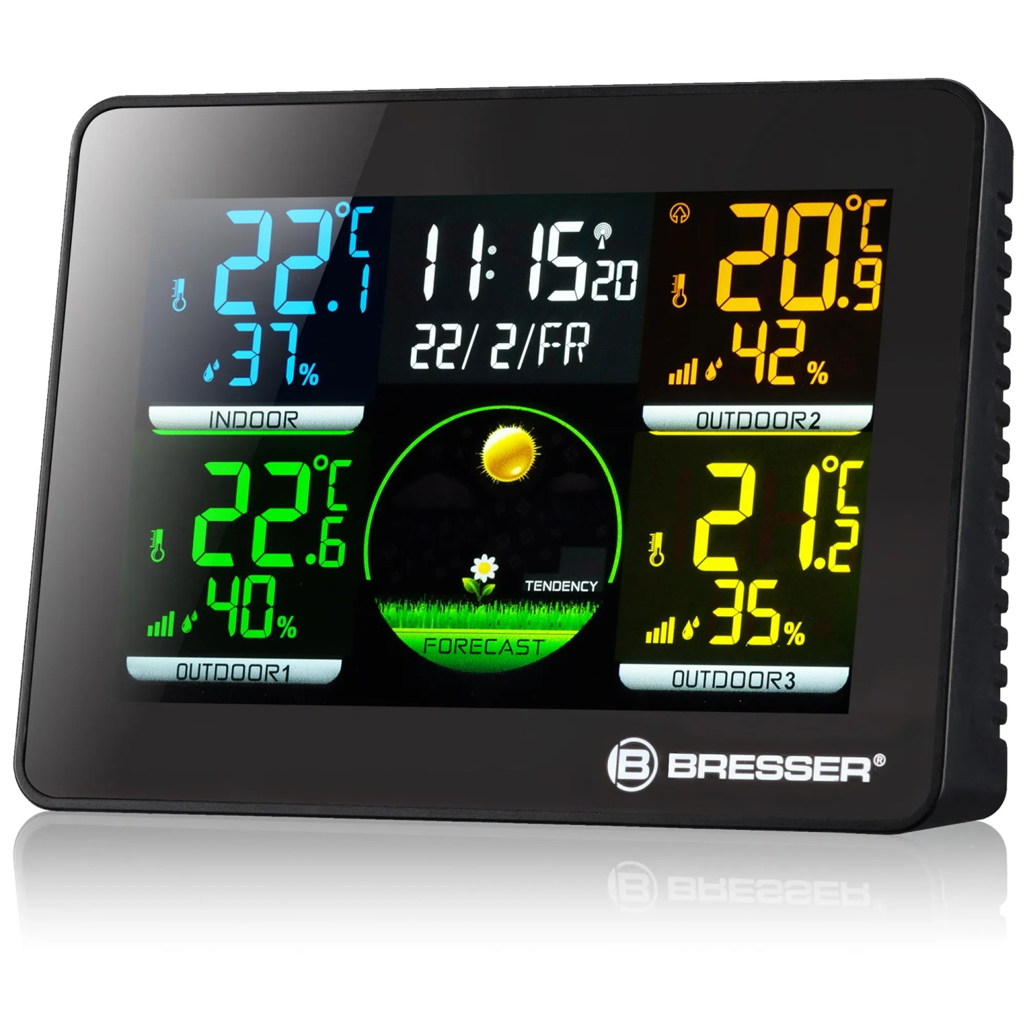 Bresser Thermo-Hygrometer Quadro NLX mit 3 Sensoren zeigt Innen-/Außentemperatur und Wettertrend.