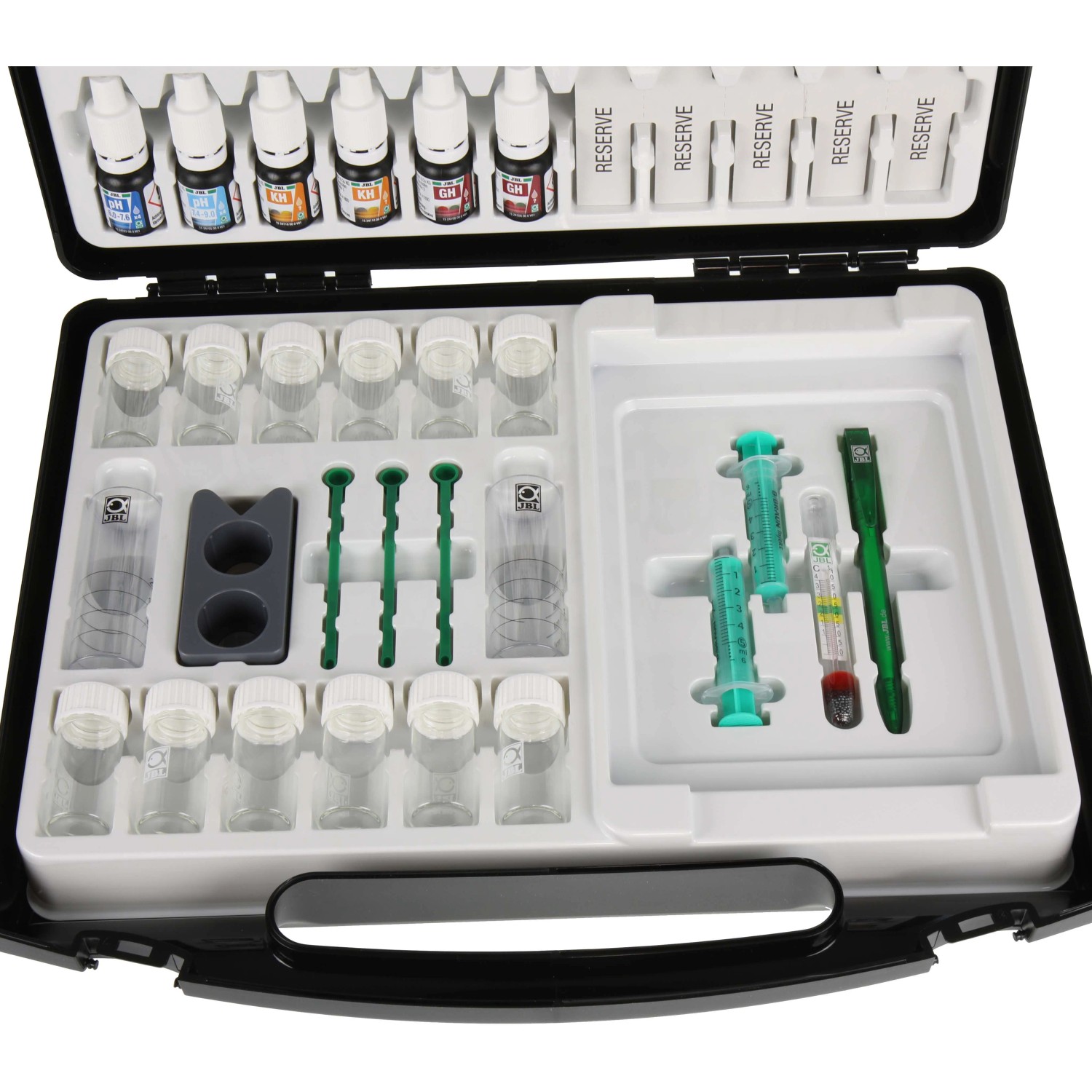 JBL Wassertestkoffer ProAquaTest Lab für Aquarien mit Teströhrchen, Spritzen und Reagenzien.